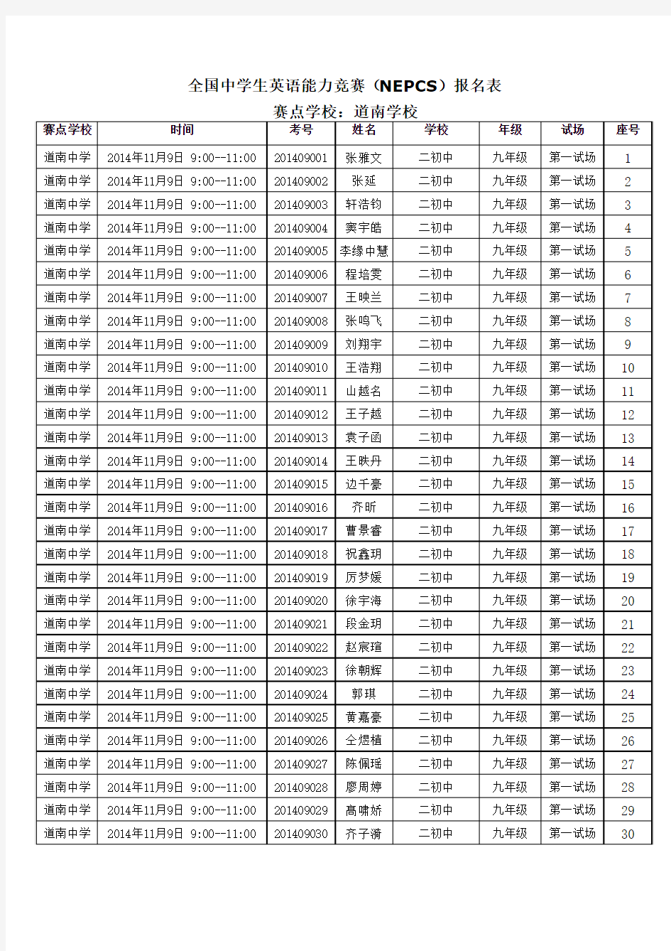 全国中学生英语能力竞赛(NEPCS)试场安排表(初中组)