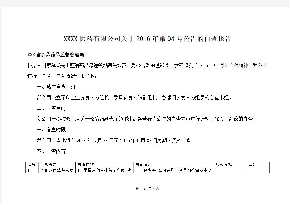 医药批发公司关于2016年第94号公告的自查报告