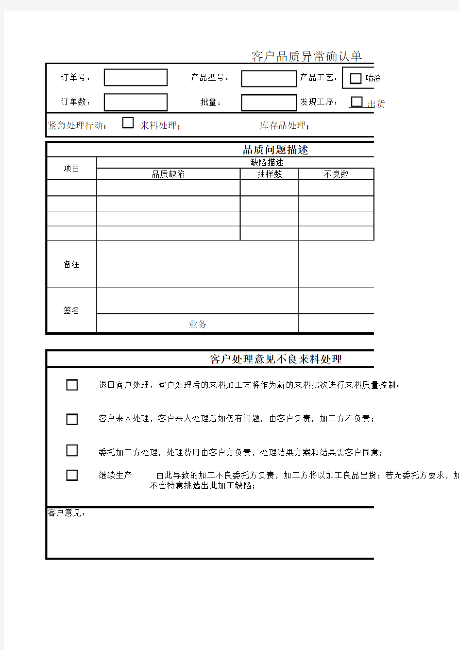 客户品质异常确认单