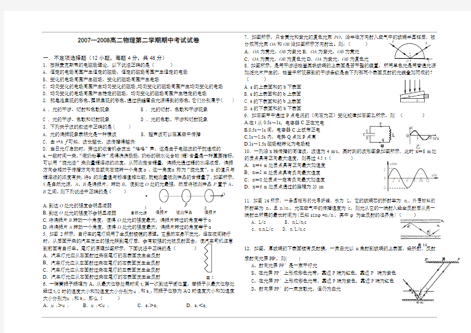 8160高二物理第二学期期中考试试卷