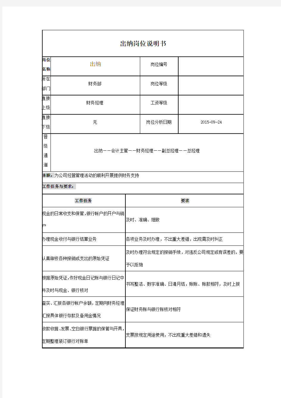 出纳岗位说明书及胜任力模型