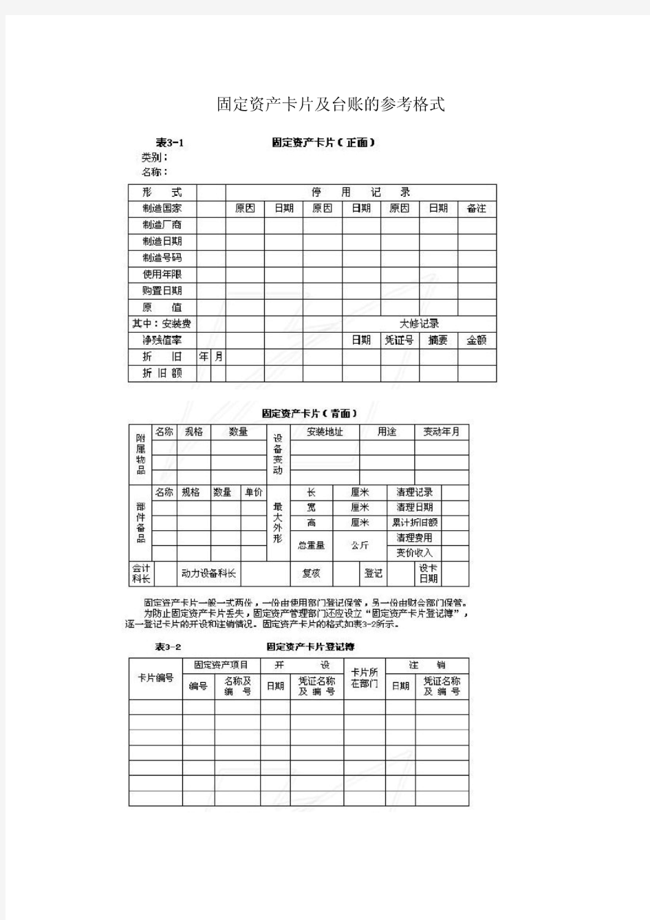 固定资产卡片及台账的参考格式