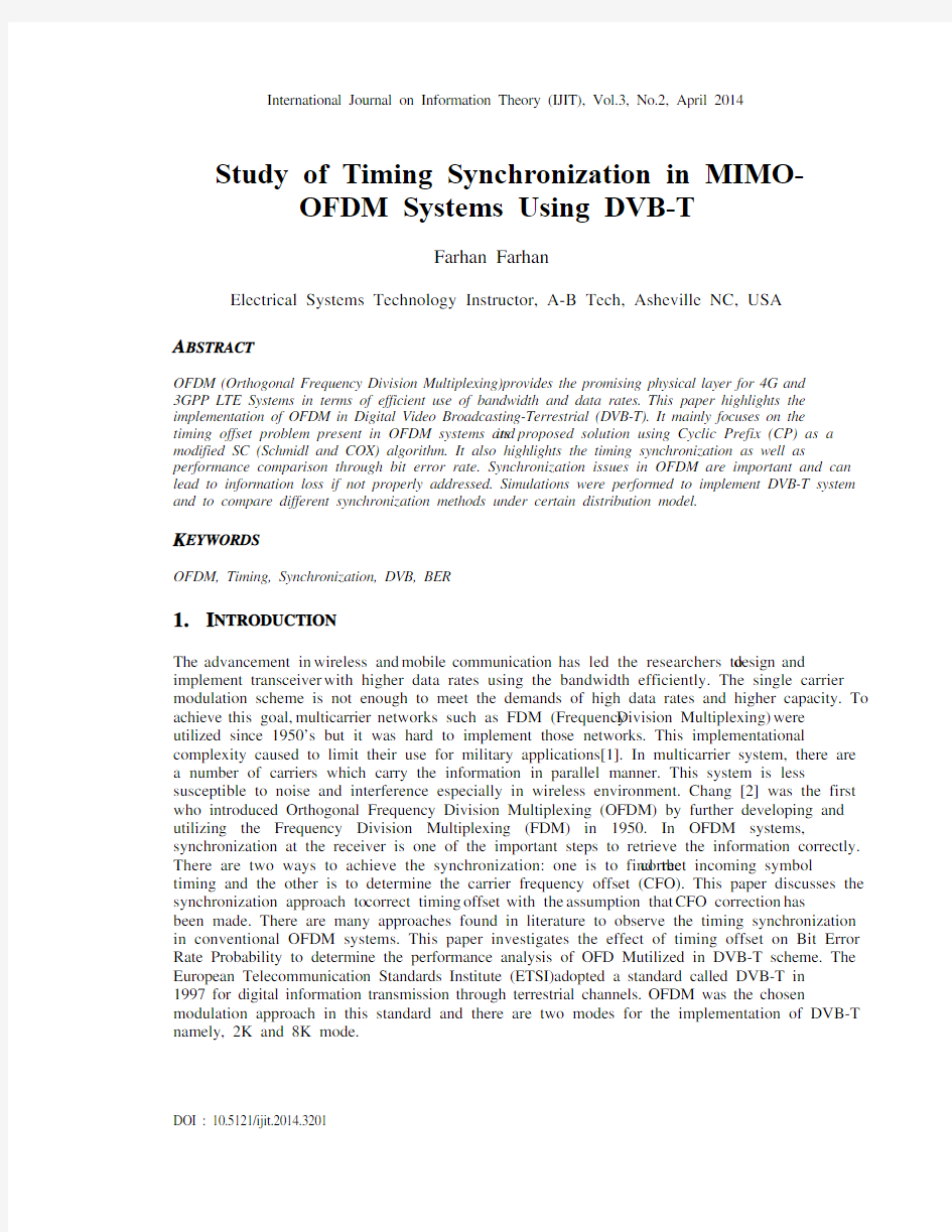 Study of Timing Synchronization in MIMOOFDM
