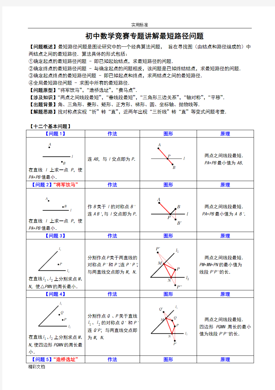 精品初中数学竞赛专题讲解最短路径问题(最全资料)