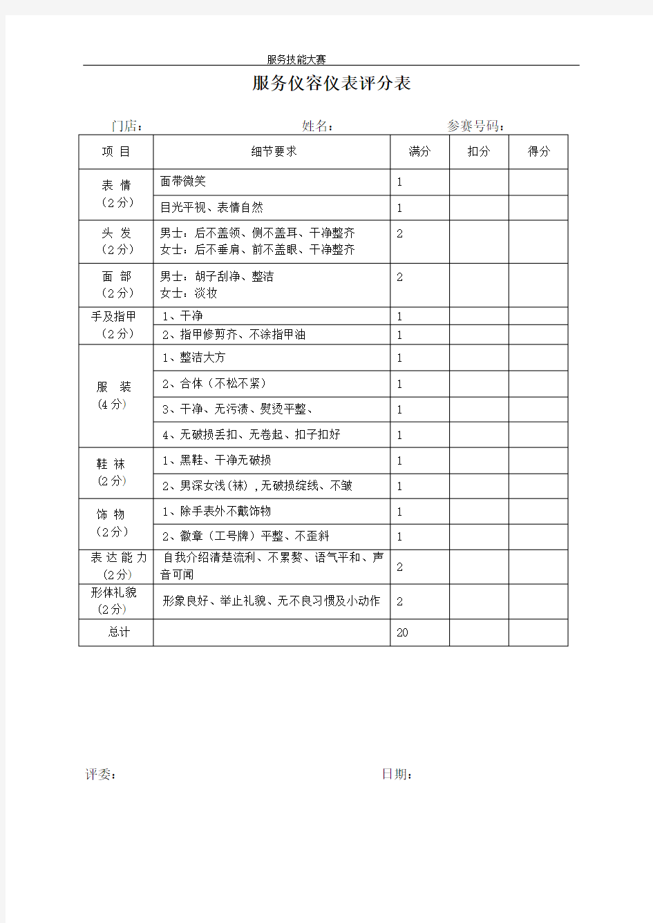 餐饮服务技能评分标准