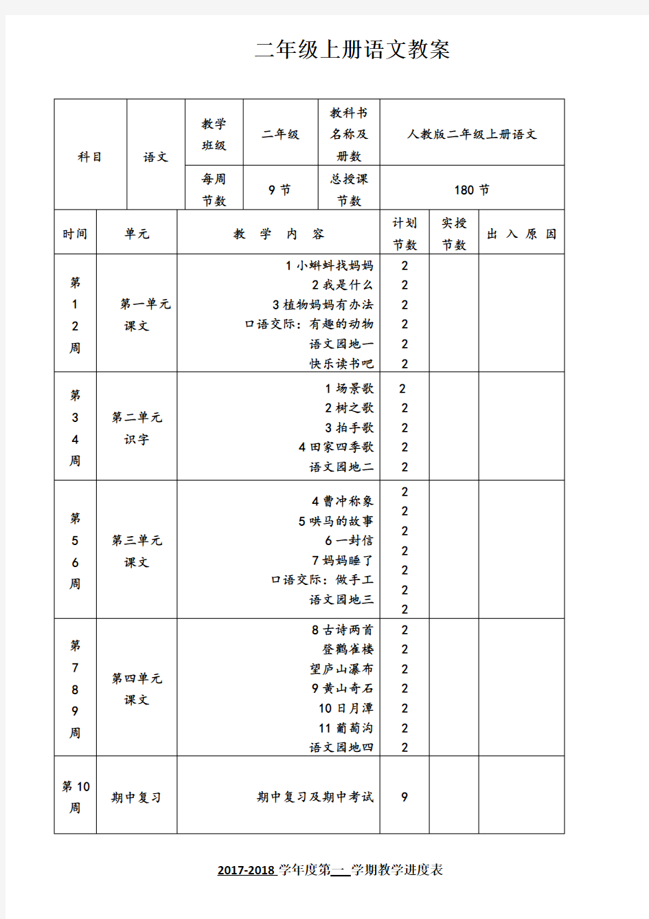 2017新版人教版二年级上册语文全册教案