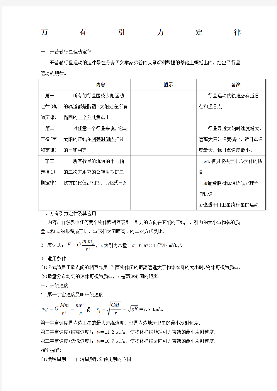 万有引力定律知识点含答案