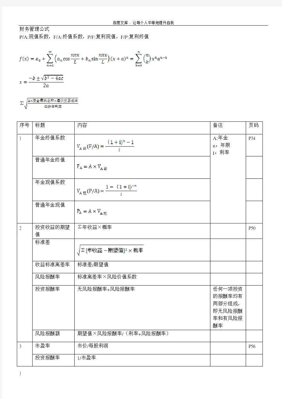 27092财务管理公式集