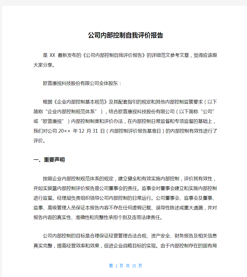 公司内部控制自我评价报告