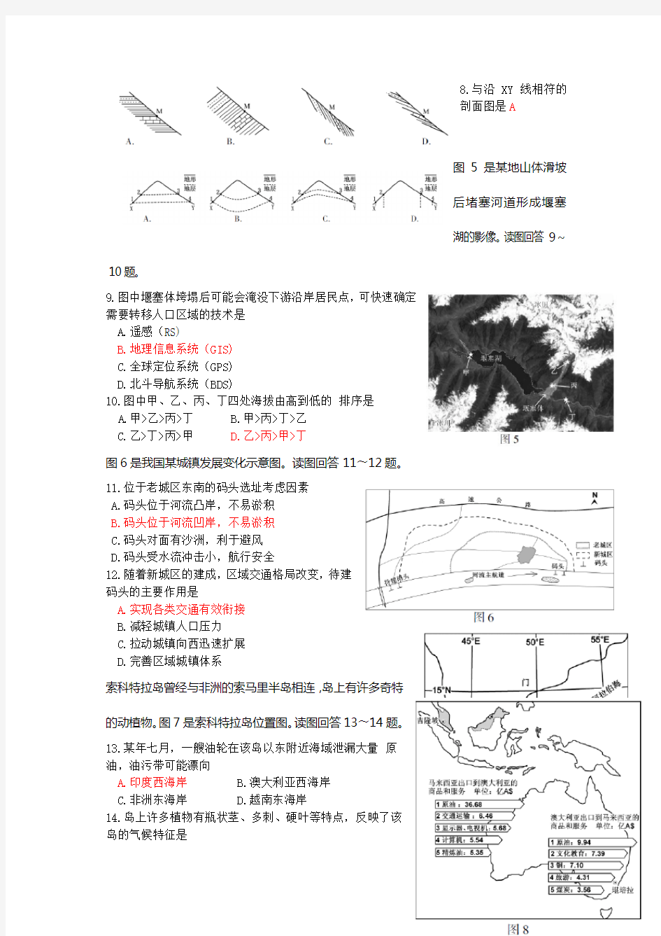 2014年高考地理试题及参考答案