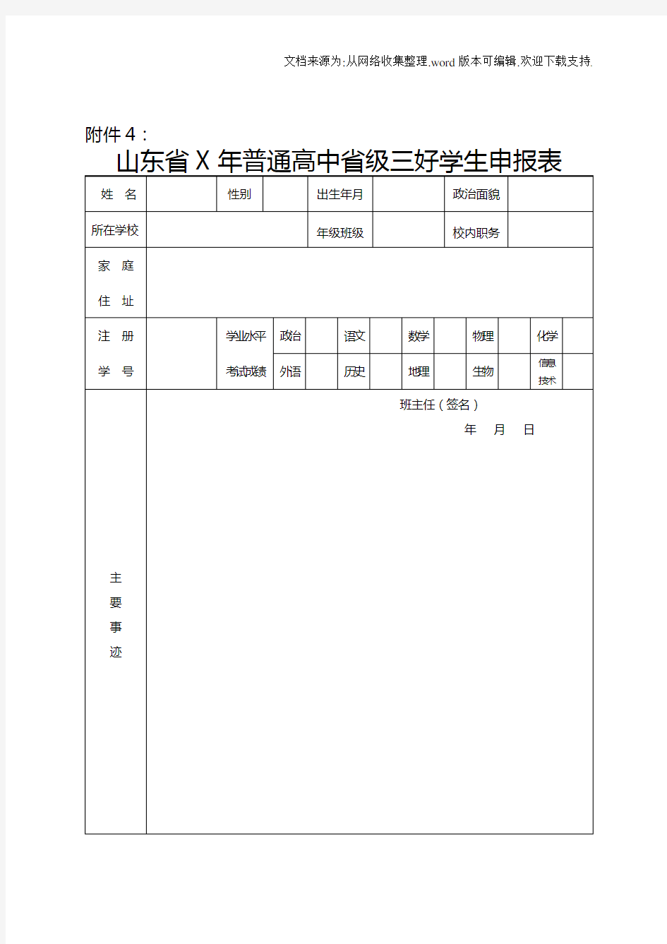 山东省、市级三好优干和省级优秀学生申报表及花名册模板