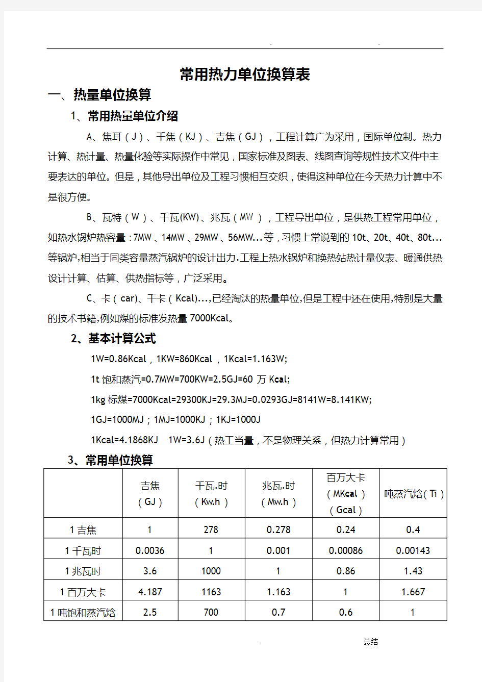 常用热力单位换算表