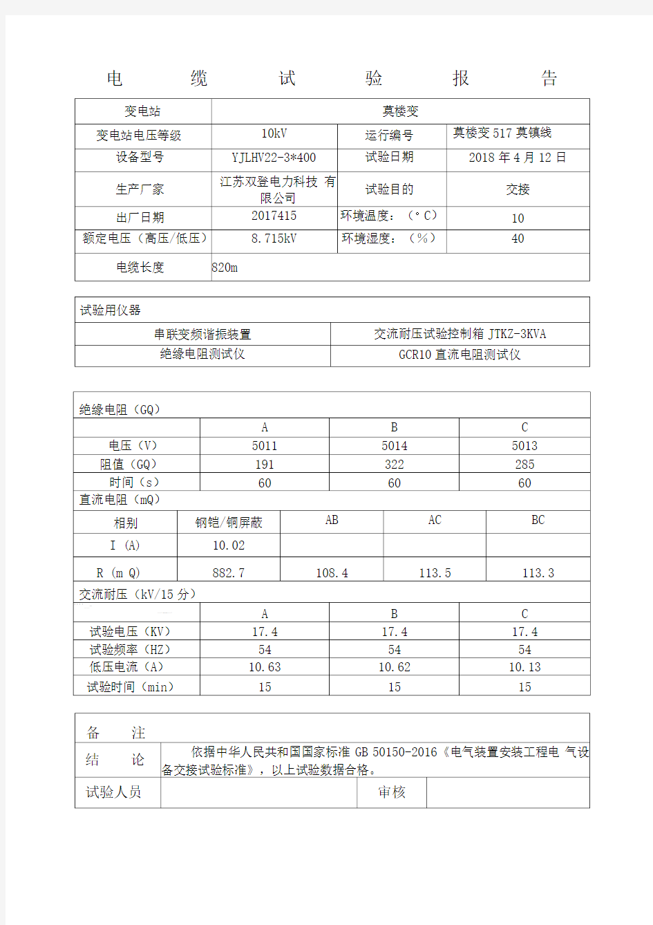 电缆试验报告