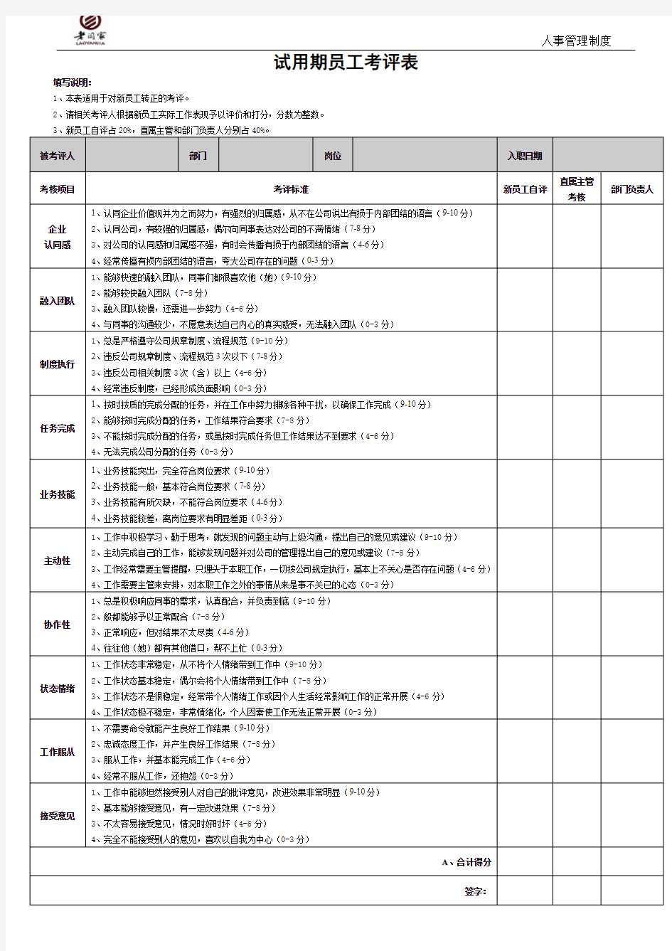 试用期员工绩效考核表