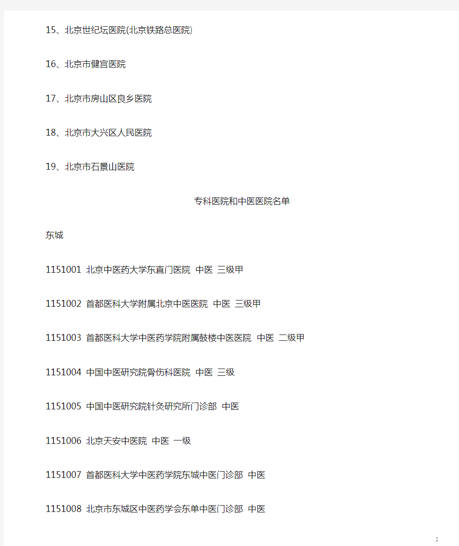 北京市医保19家A类医院的、专科医院和中医医院名单.doc
