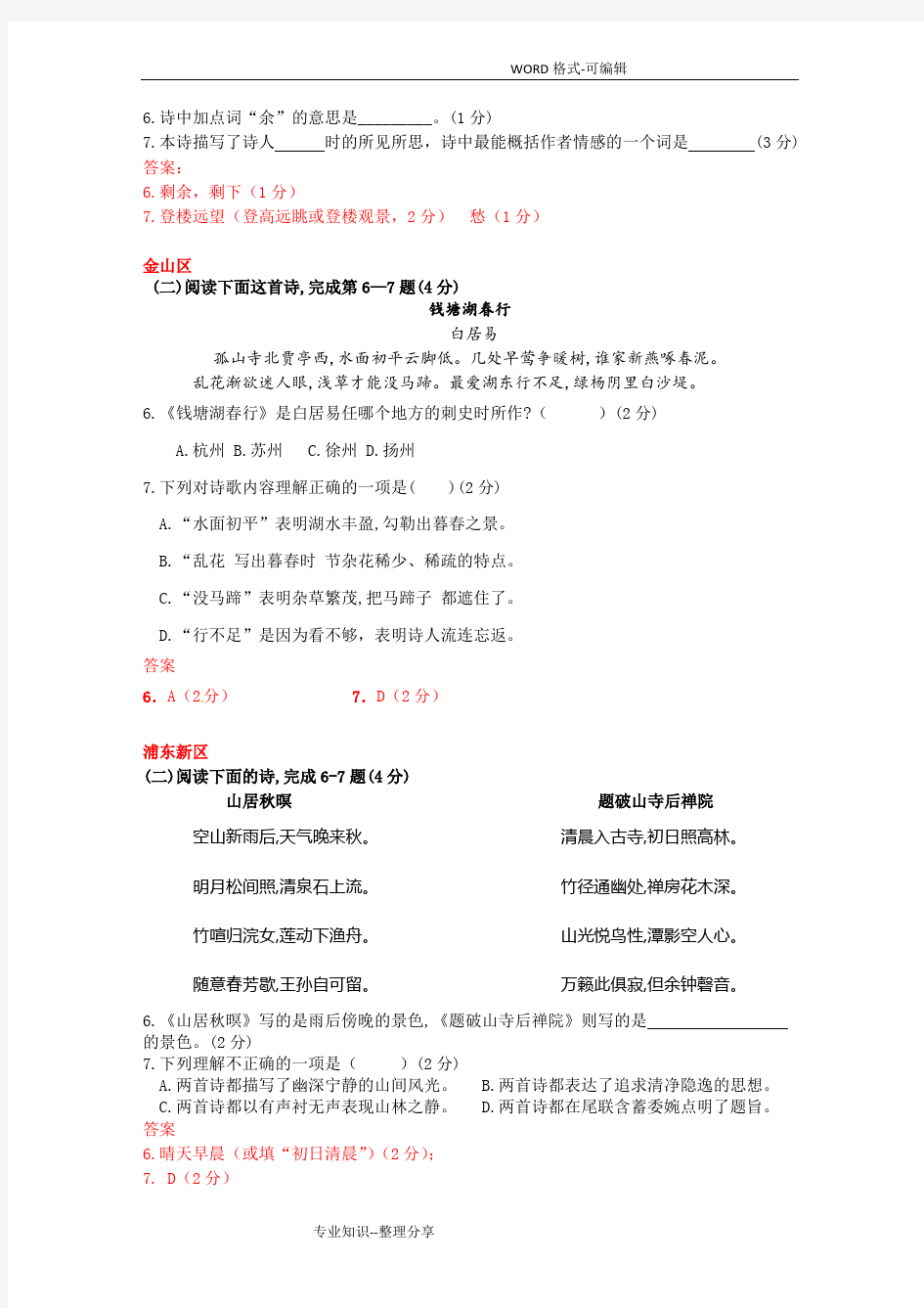 2018年上海市中考语文二模试题古诗赏析汇编(15区全)