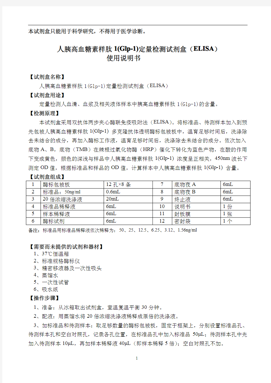 人胰高血糖素样肽1(Glp-1)定量检测试剂盒(ELISA)