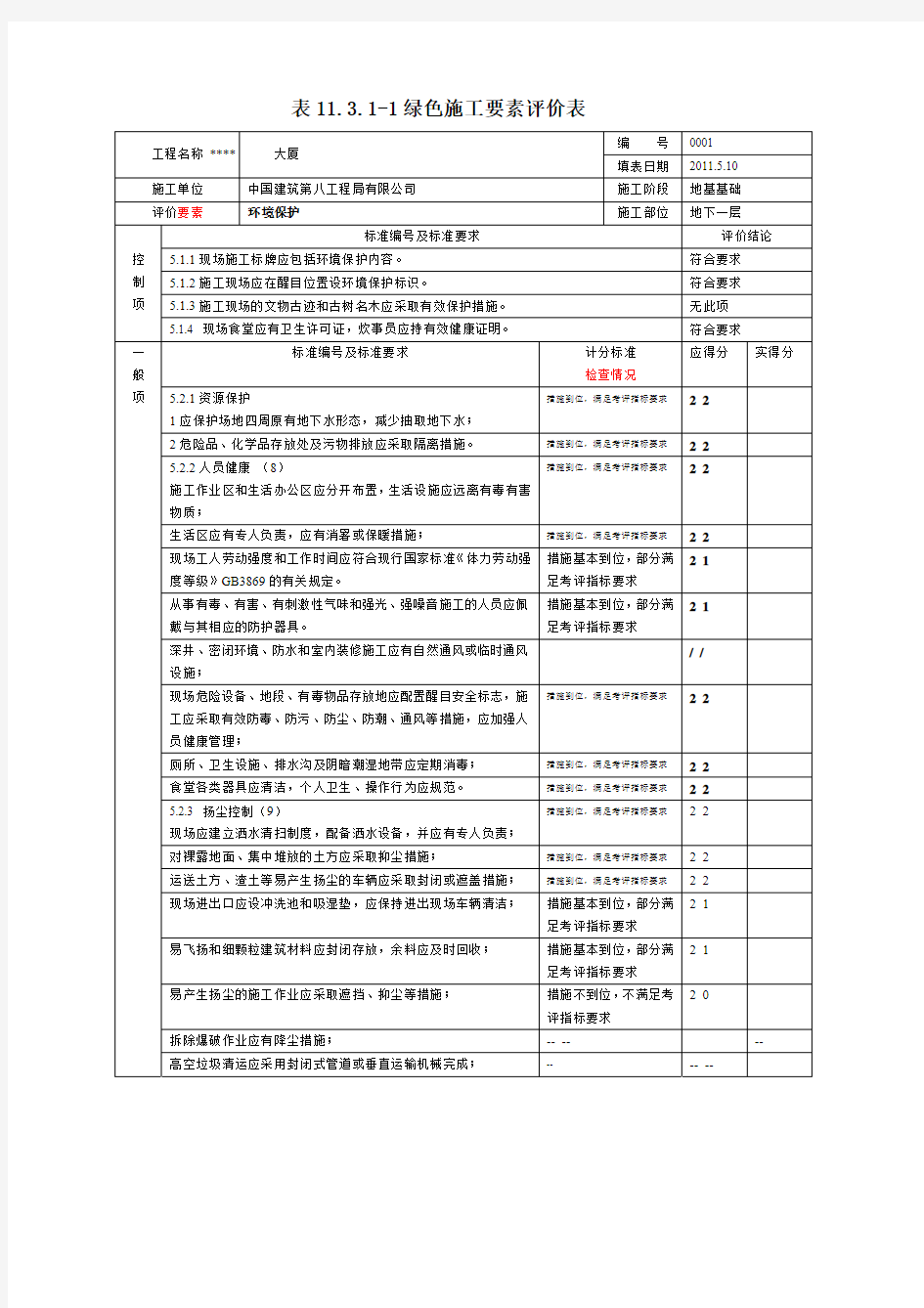 绿色施工要素评价表