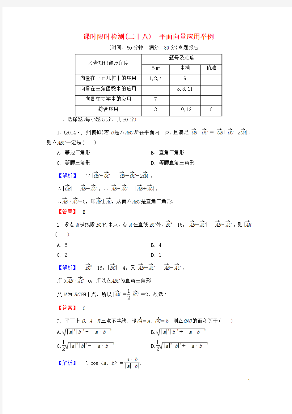 山东省济宁市高考数学一轮复习28平面向量应用举例限时检测新人教A版