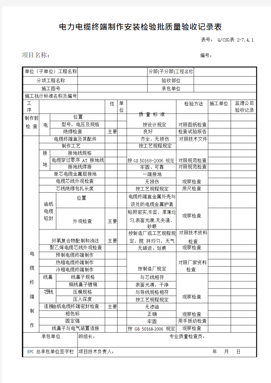 电力电缆终端制作安装检验批质量验收记录表(可编辑修改word版)