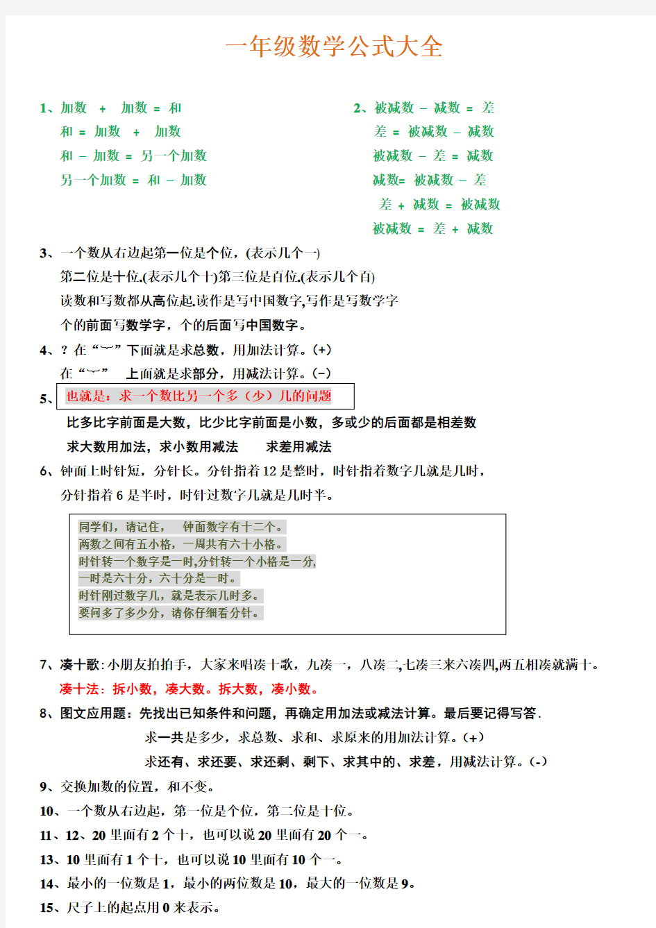 一年级数学公式大全及概念