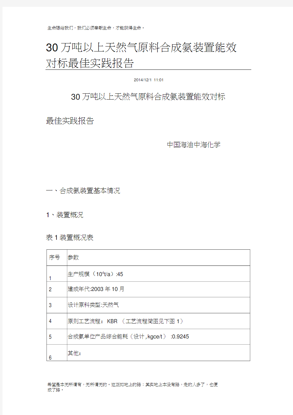 30万吨以上天然气原料合成氨装置能效对标最佳实践报告(1)