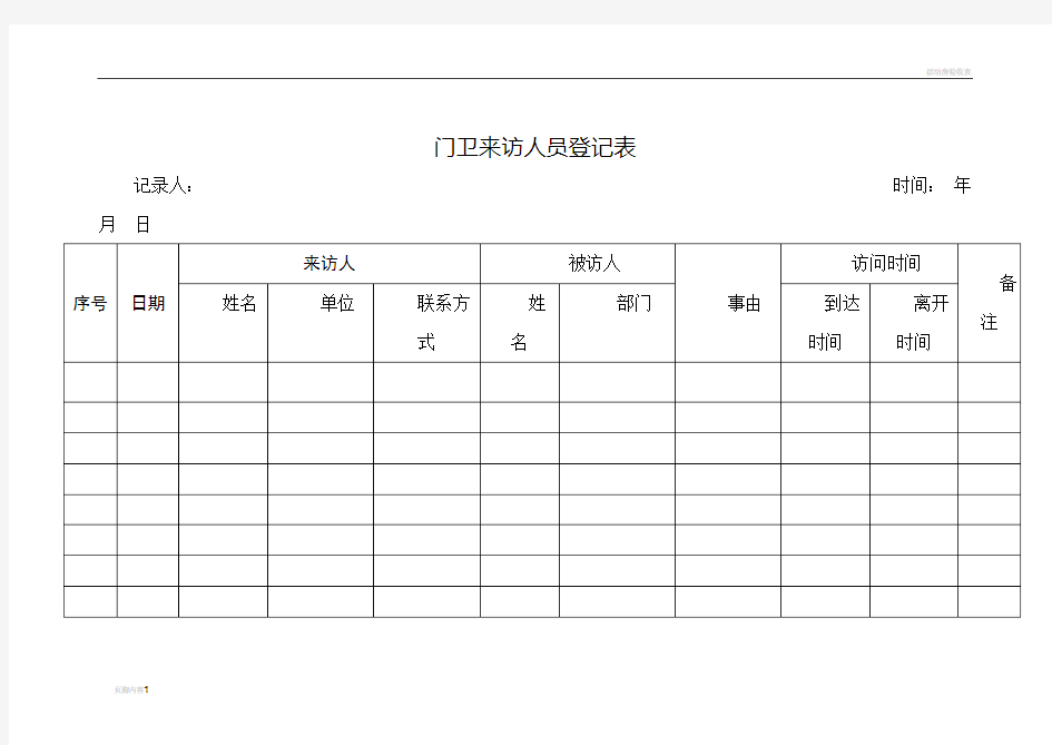 门卫来访人员登记表