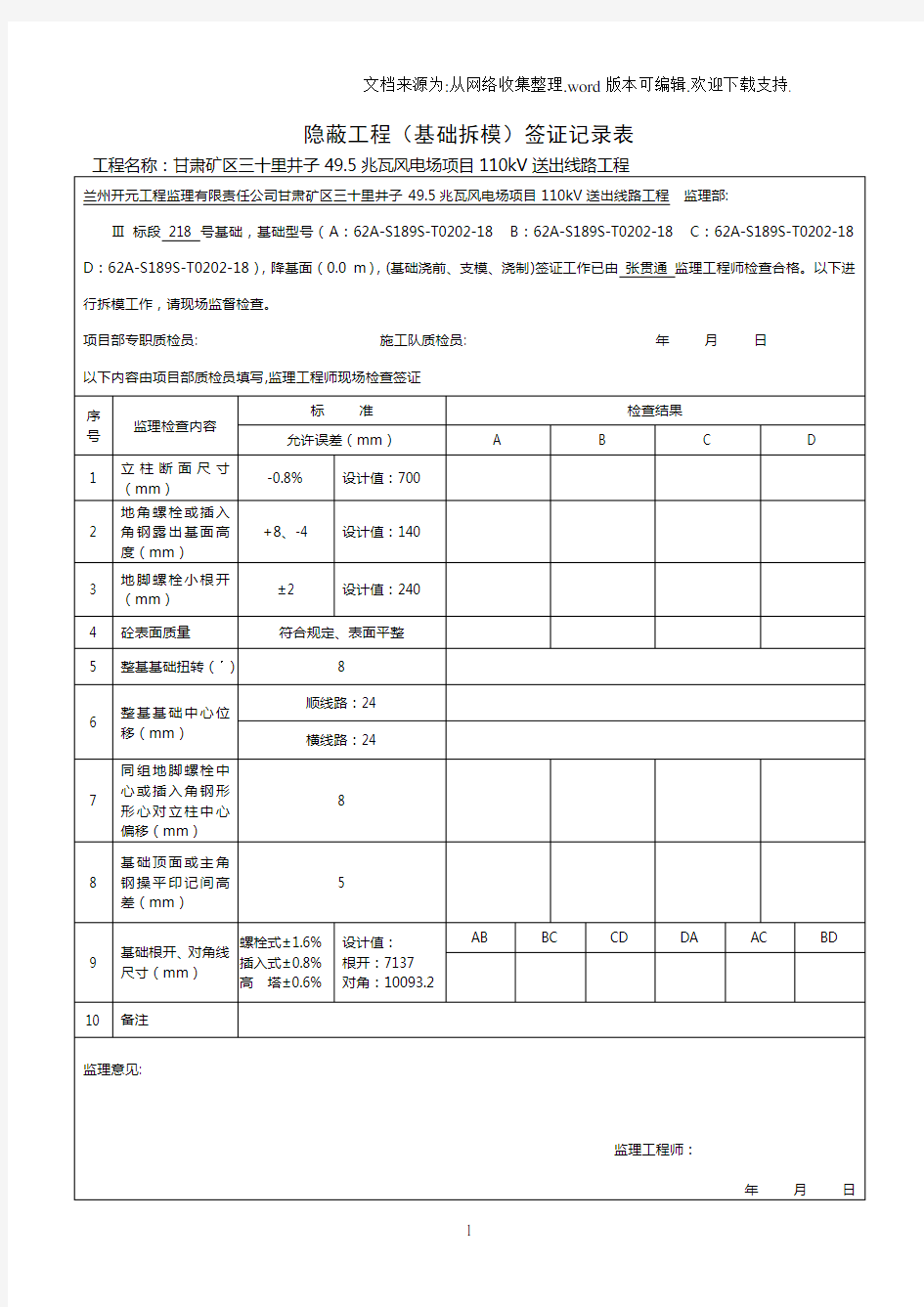 风电场项目110kV送出线路工程隐蔽工程拆模签证记录表