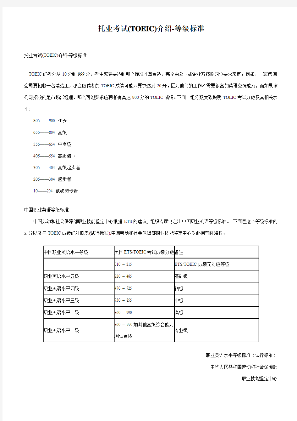 托业考试(TOEIC)介绍-等级标准