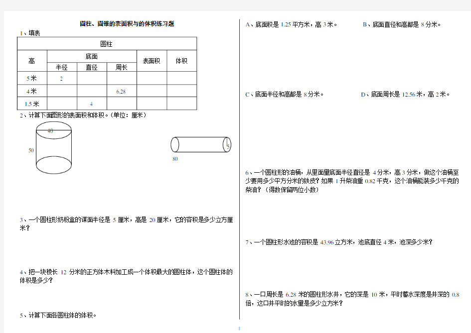 圆柱、圆锥的表面积与体积练习题