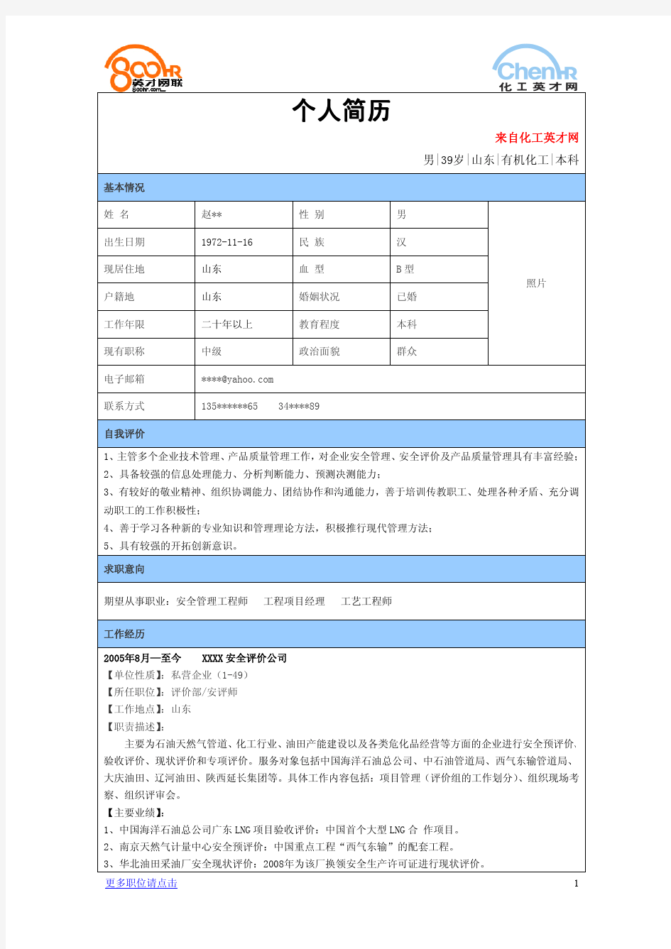 化工行业安全管理工程师简历