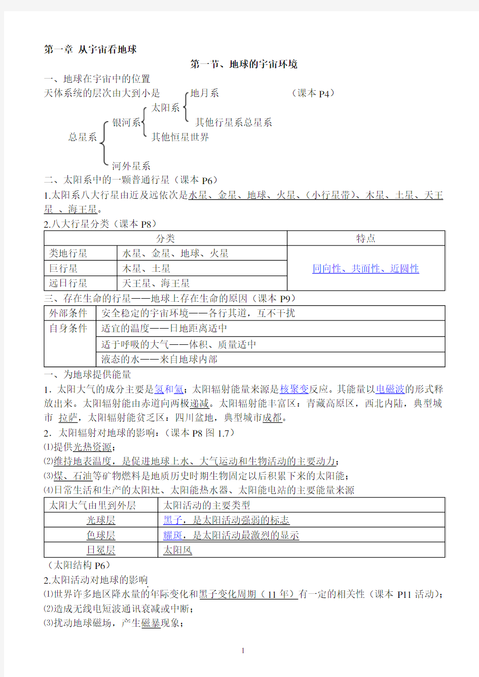 高中地理必修一完整笔记整理有图