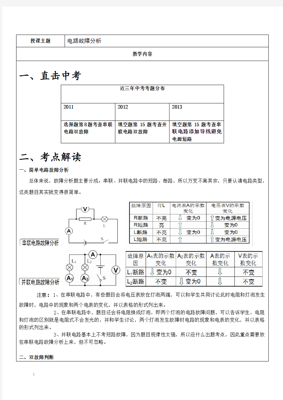 上海初三中考物理电路故障分析专题(有答案)