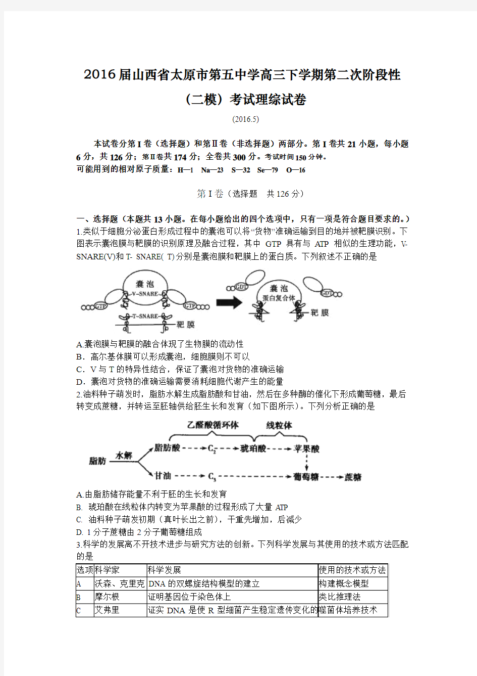 理综卷·2016届山西省太原市第五中学高三下学期第二次阶段性(二模)考试(2016.05)