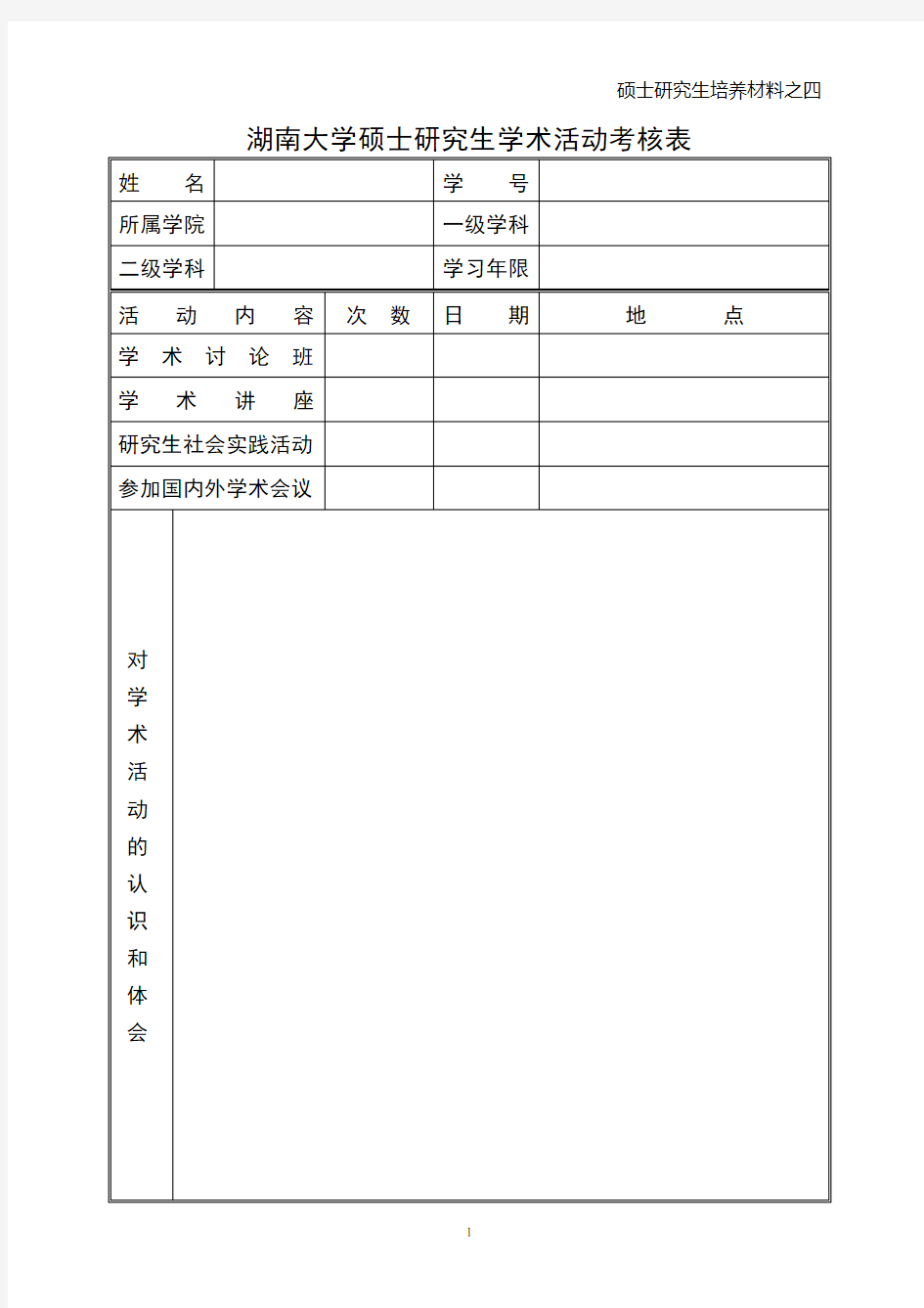 材料四：湖南大学硕士研究生学术活动考核表