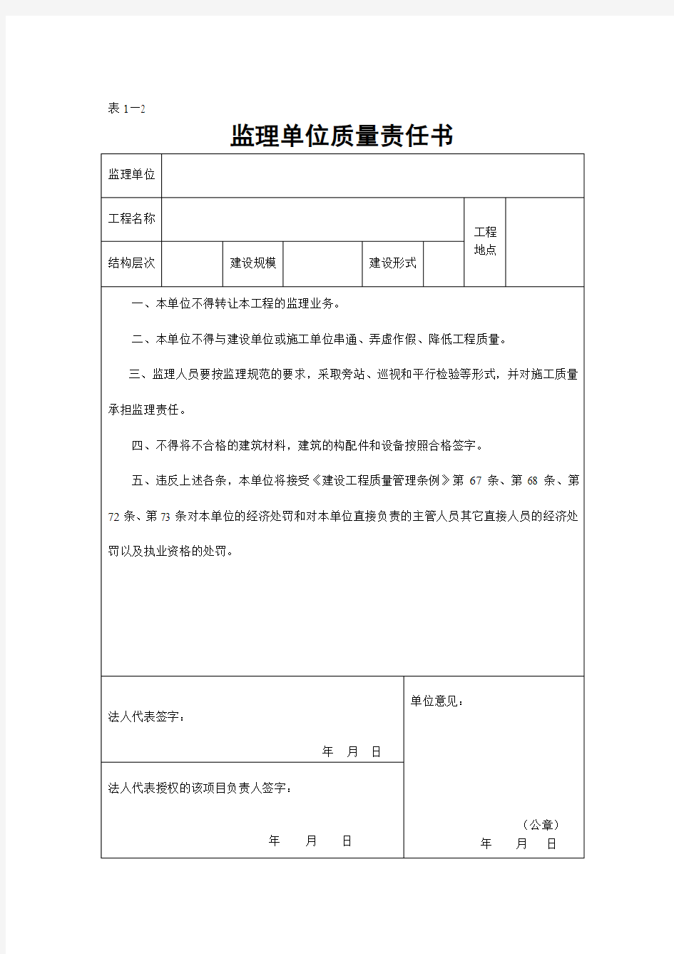 建设单位、施工单位、监理单位、设计单位、勘察单位质量责任书