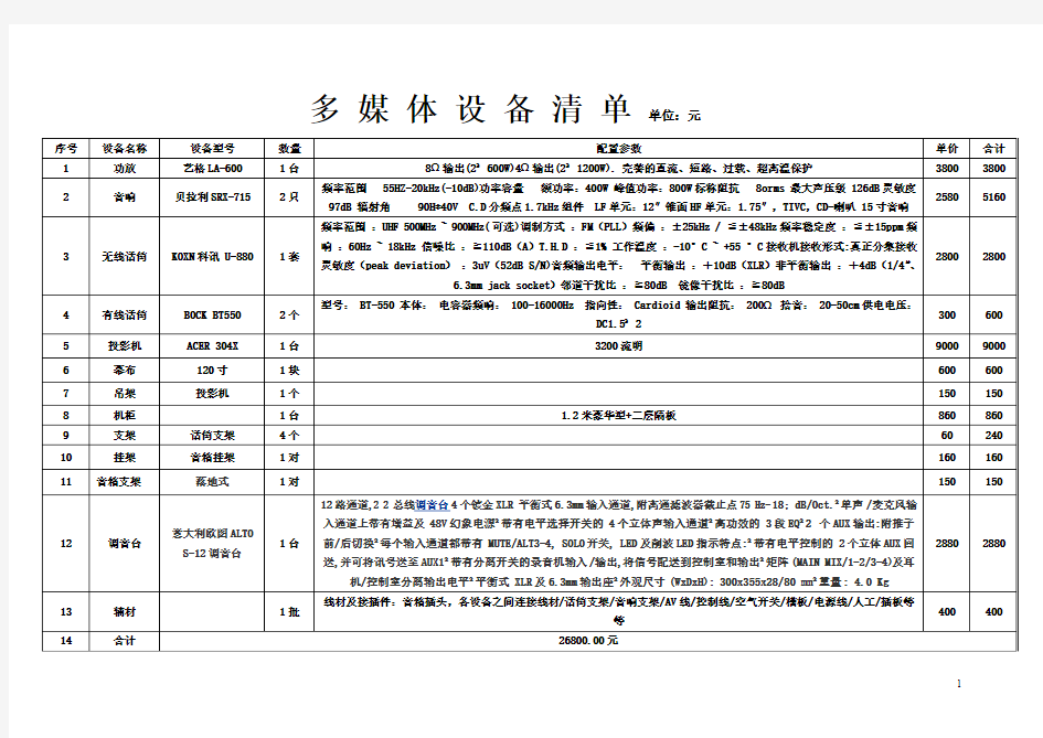 多媒体设备清单