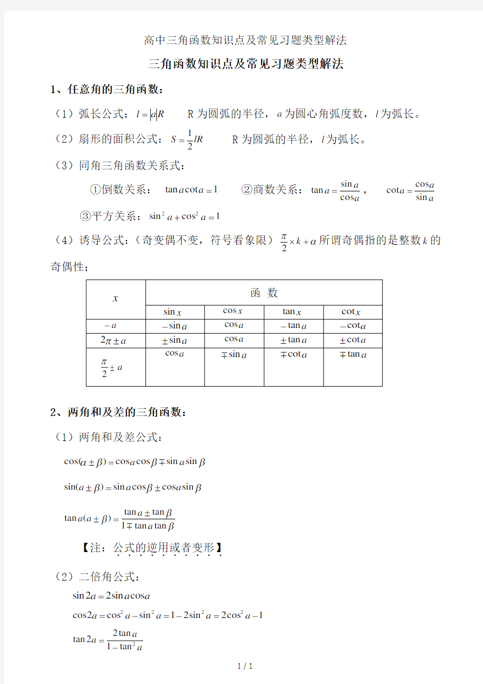 高中三角函数知识点与常见习题类型解法