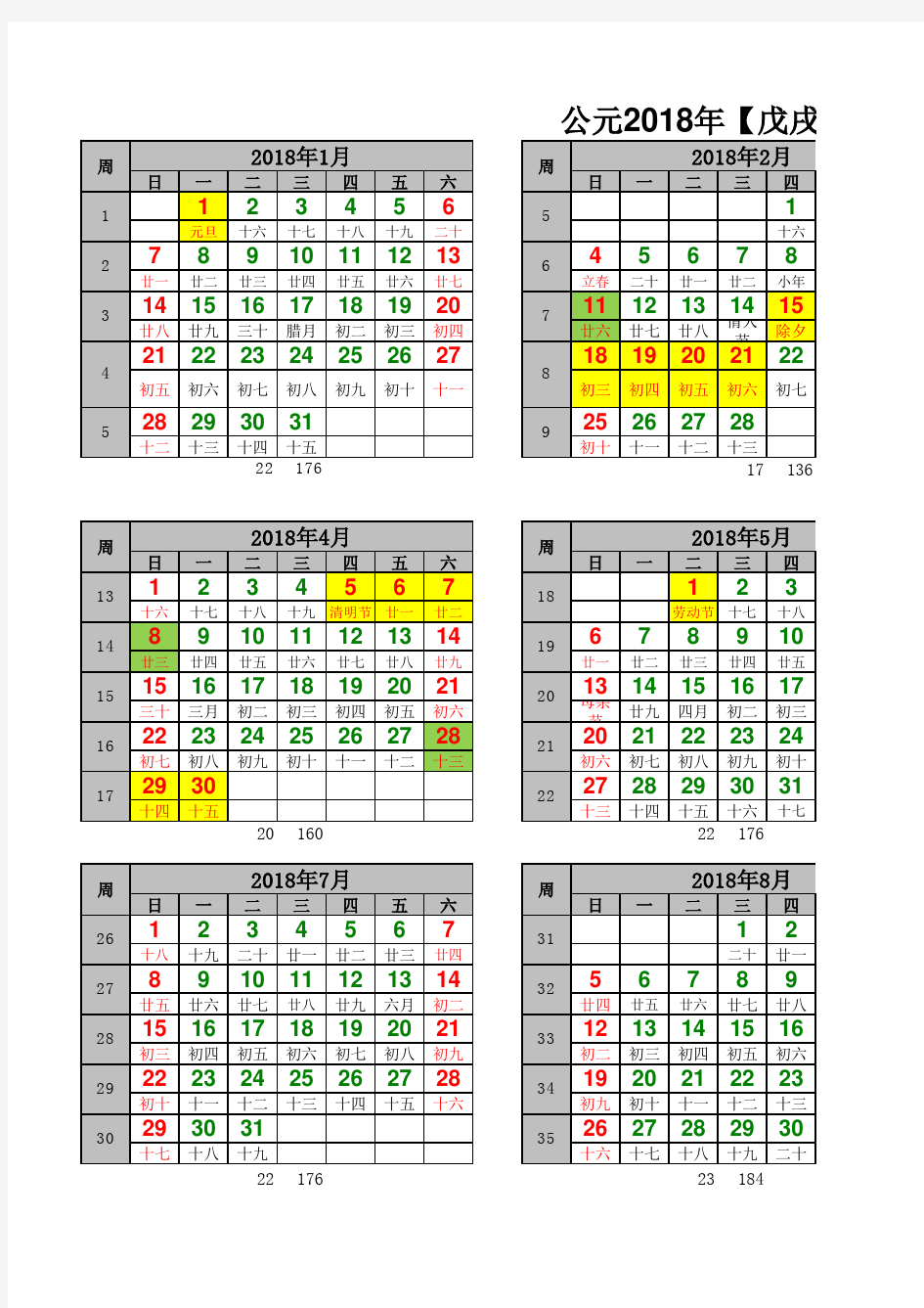2018年日历最新(含每月上班天数及小时)