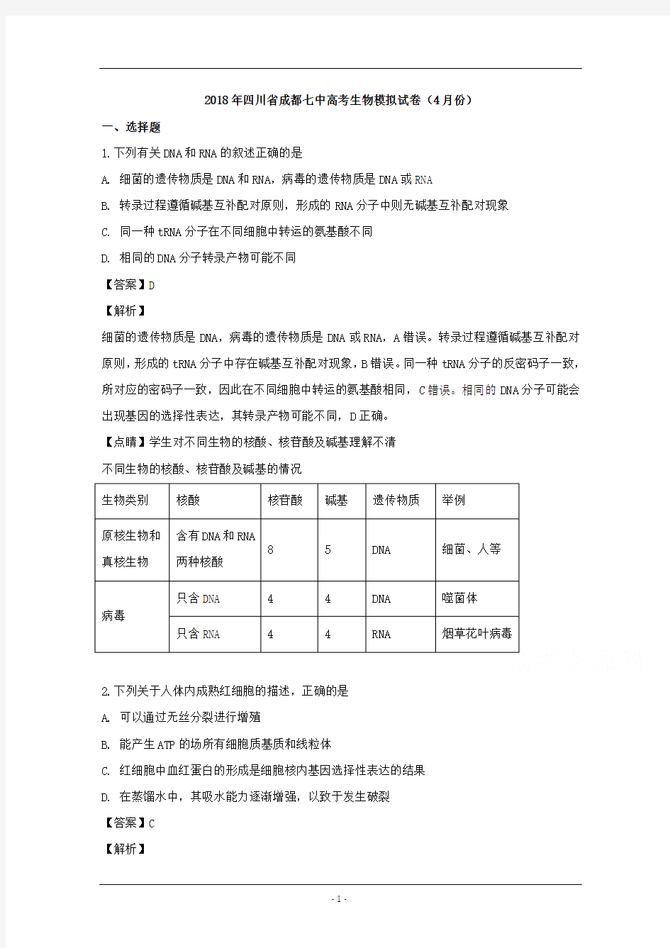 四川省成都七中2018届高三下学期4月份模拟生物试题 Word版含解析