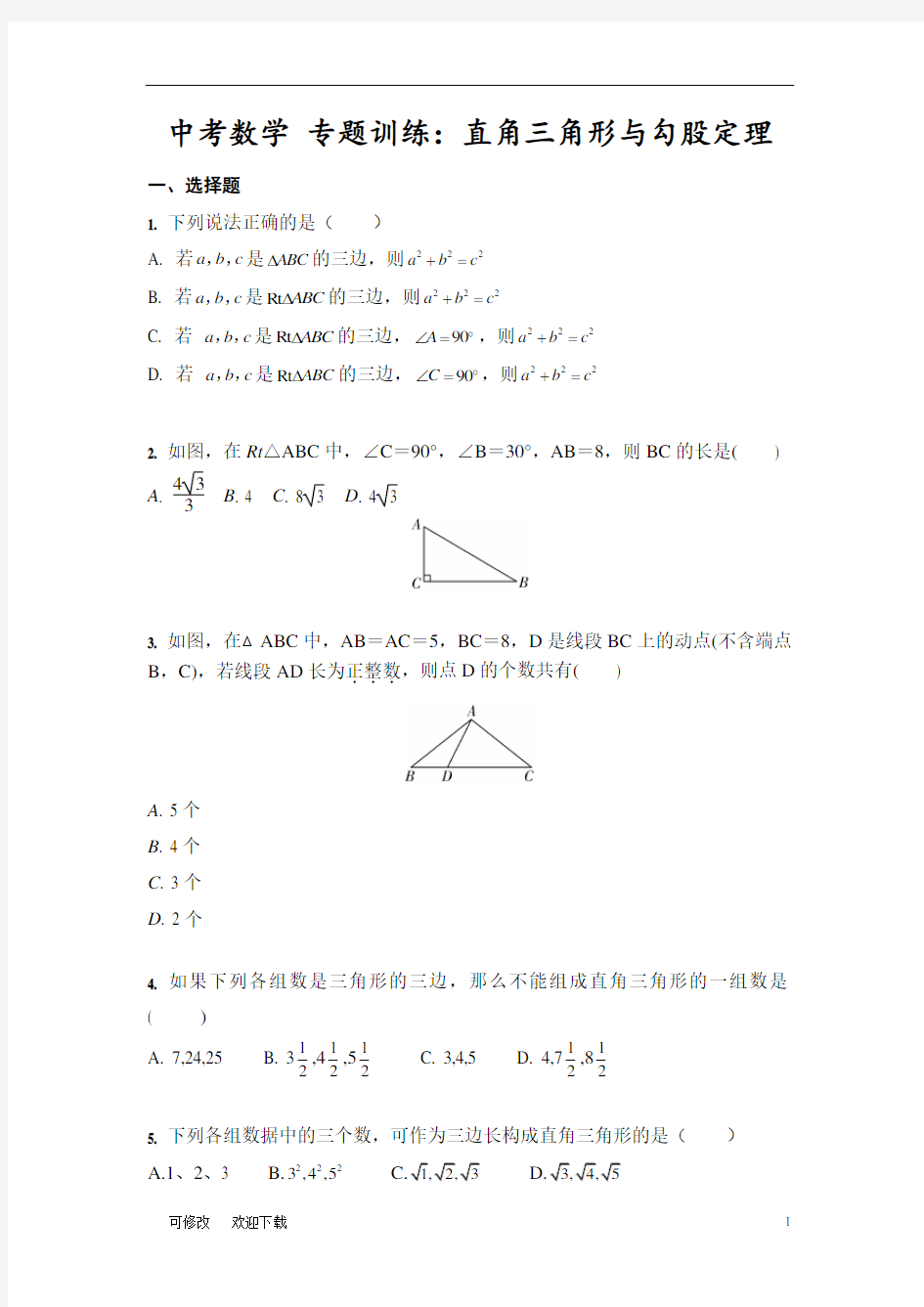 2021年九年级中考数学 专题训练：直角三角形与勾股定理(含答案)