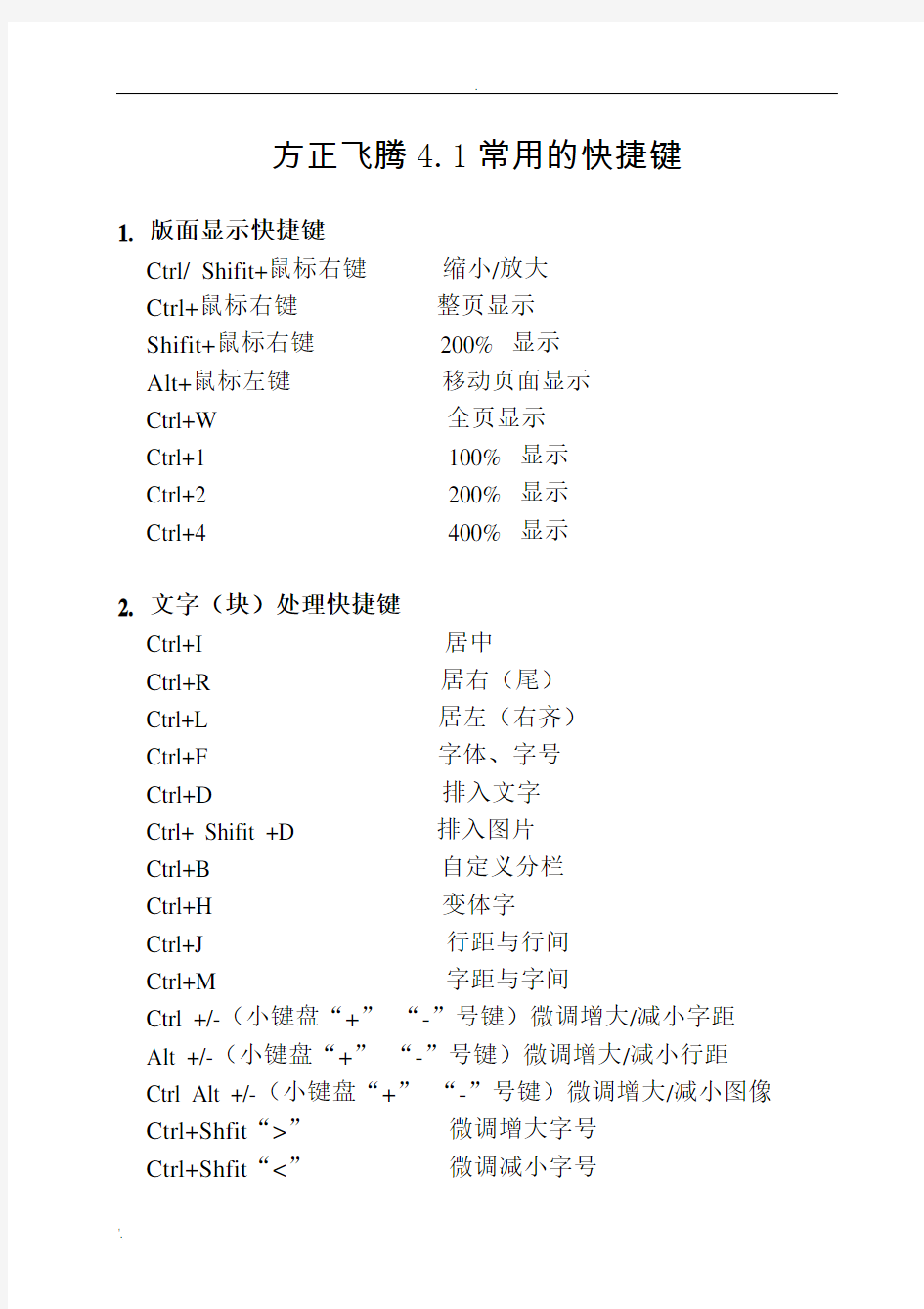 方正飞腾常用的快捷键