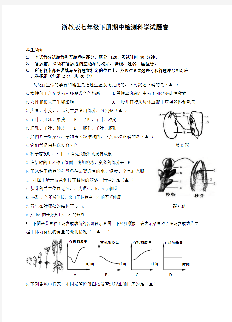 浙教版七年级下册科学期中试卷及答案