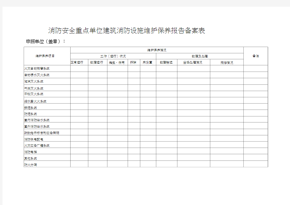 消防安全重点单位建筑消防设施维护保养报告备案表