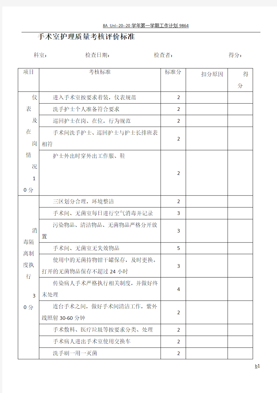 手术室护理质量考核评价标准