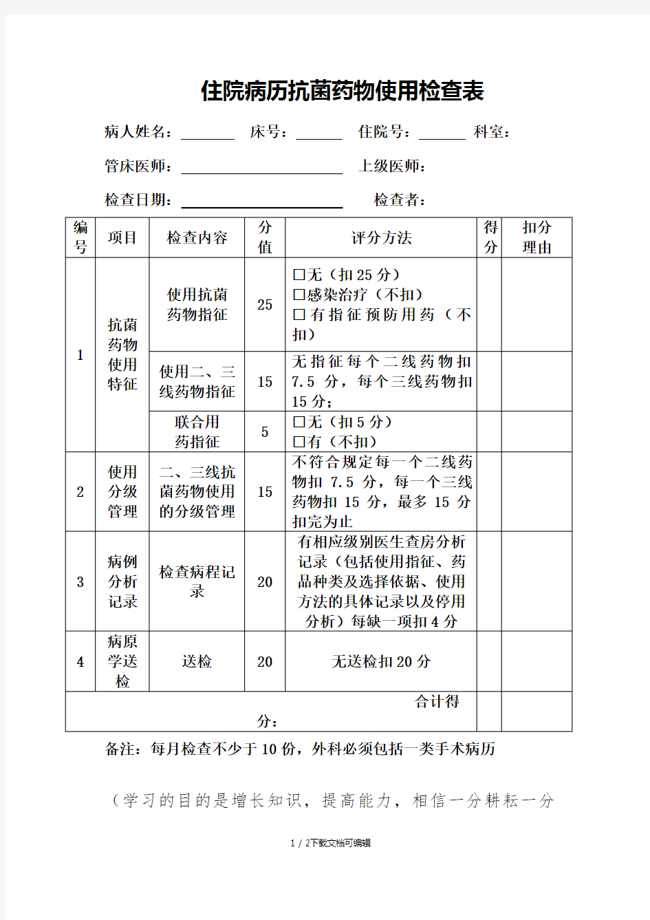 住院病历抗菌药物使用检查表