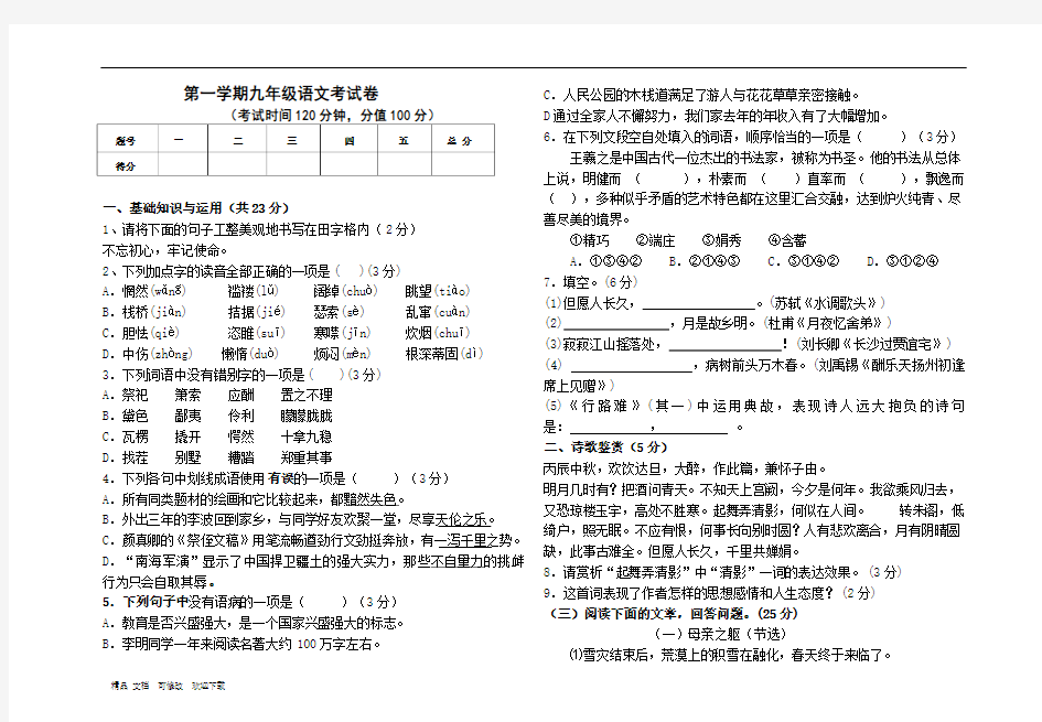 2020年九年级上学期期中考试语文试卷