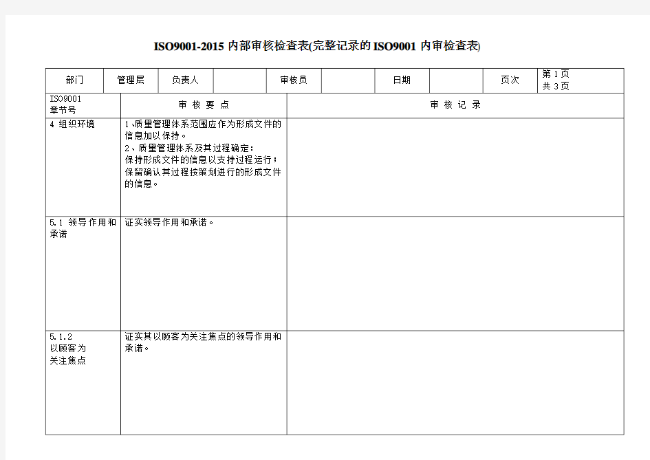 ISO9001-2015内部审核检查表(完整记录的ISO9001内审检查表)