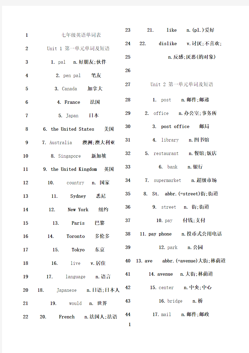 最新七年级下册英语单词表(人教版)