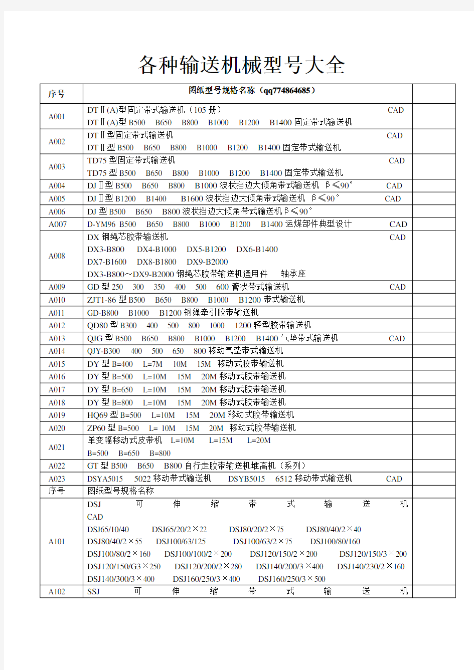 各种输送机械型号大全